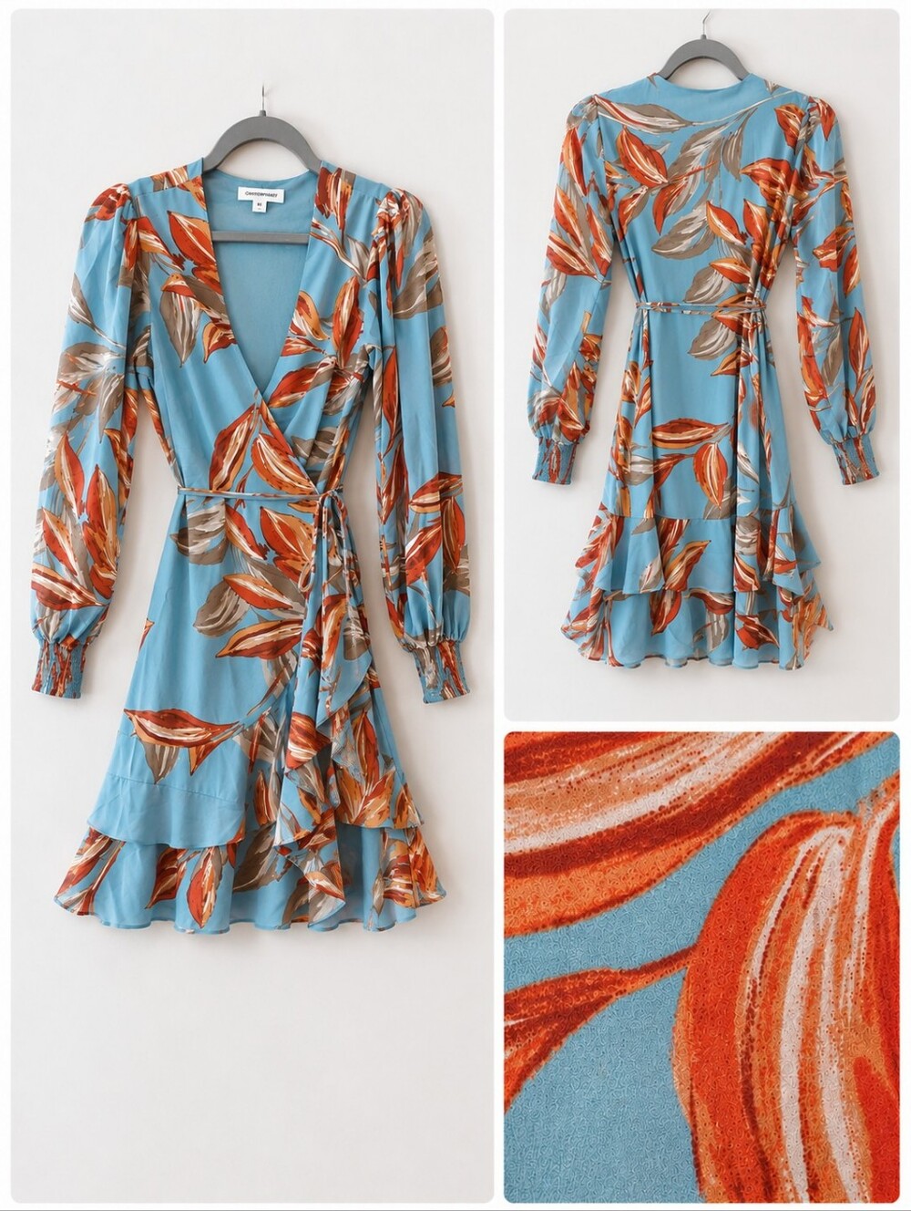 NEW Blue Chiffon Wrap Dress | Long Sleeve Ruffle Hem | Romantic Boho | Small - Picture 7 of 10